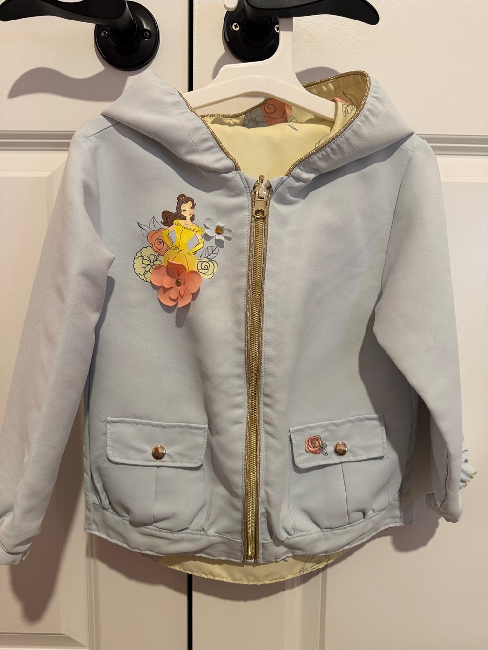 Disney Princess Belle Hooded Rain Jacket Full Zip with Gold Detail- Girls 3T